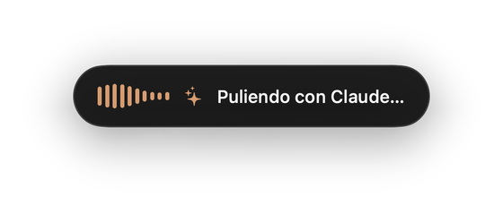 The echo pill with the terracotta waveform, a sparkles icon and the text “Polishing with Claude…”.